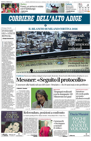 Prima pagina Corriere dell'Alto Adige di oggi - Quotidiano regionale