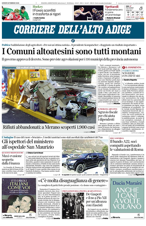 Prima pagina Corriere dell'Alto Adige di oggi - Quotidiano regionale