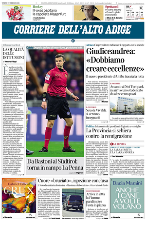Prima pagina Corriere dell'Alto Adige di oggi - Quotidiano regionale