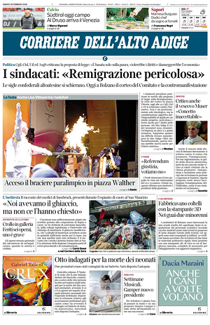 Prima pagina Corriere dell'Alto Adige di oggi - Quotidiano regionale