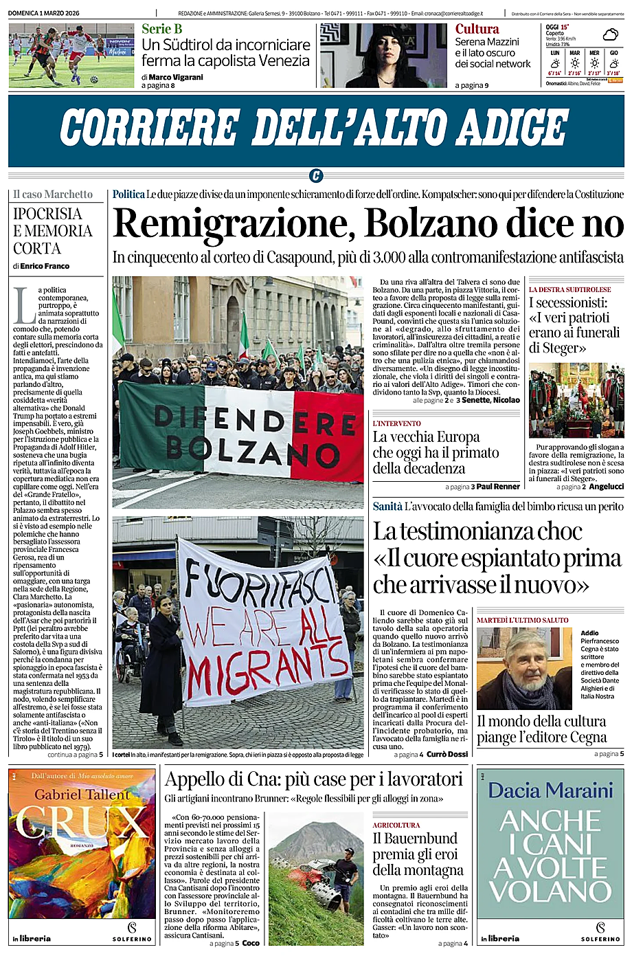 Prima pagina Corriere dell'Alto Adige di oggi - Edicola 1 Marzo 2026
