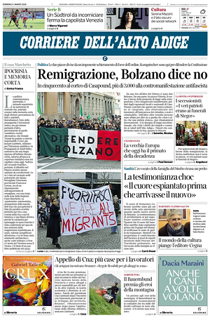 Prima pagina Corriere dell'Alto Adige di oggi - Quotidiano regionale