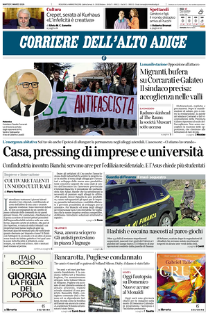 Prima pagina Corriere dell'Alto Adige di oggi - Quotidiano regionale