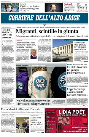 Prima pagina Corriere dell'Alto Adige di oggi - Quotidiano regionale