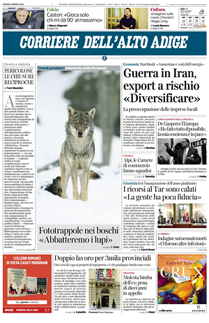 Prima pagina Corriere dell'Alto Adige di oggi - Quotidiano regionale