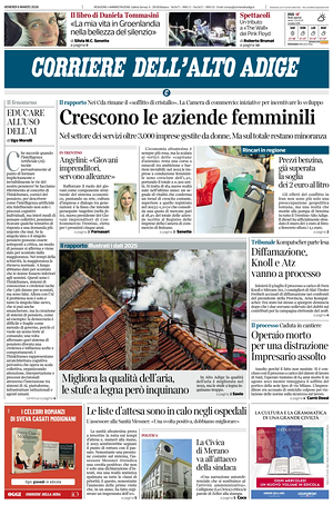Prima pagina Corriere dell'Alto Adige di oggi - Quotidiano regionale
