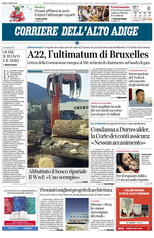 Prima pagina Corriere dell'Alto Adige di oggi - Quotidiano regionale