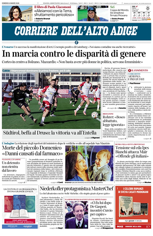 Prima pagina Corriere dell'Alto Adige di oggi - Quotidiano regionale