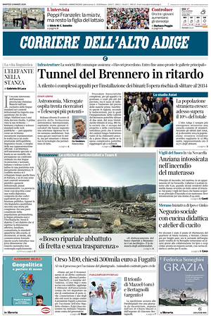 Prima pagina Corriere dell'Alto Adige di oggi - Quotidiano regionale
