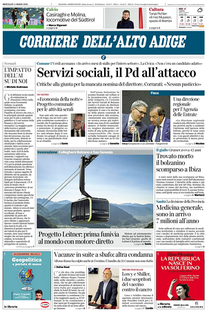 Prima pagina Corriere dell'Alto Adige di oggi - Quotidiano regionale
