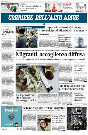 Prima pagina Corriere dell'Alto Adige di oggi - Quotidiano regionale