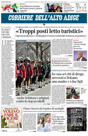 Prima pagina Corriere dell'Alto Adige di oggi - Quotidiano regionale
