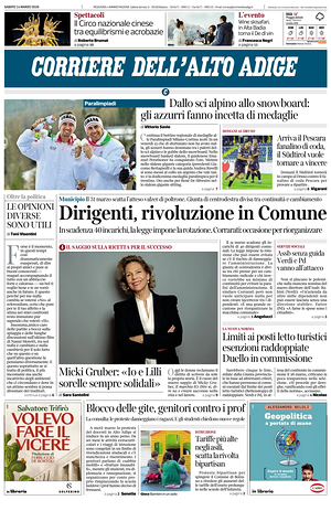 Prima pagina Corriere dell'Alto Adige di oggi - Quotidiano regionale