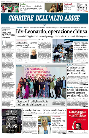 Prima pagina Corriere dell'Alto Adige di oggi - Quotidiano regionale