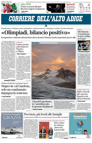 Prima pagina Corriere dell'Alto Adige di oggi - Quotidiano regionale