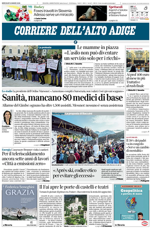 Prima pagina Corriere dell'Alto Adige di oggi - Quotidiano regionale