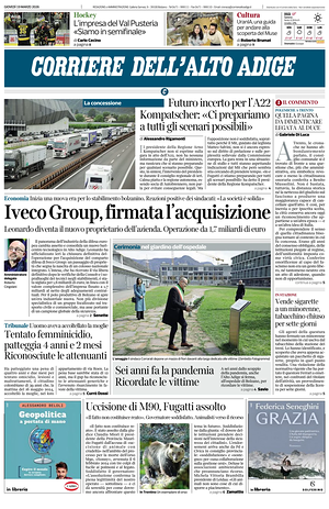 Prima pagina Corriere dell'Alto Adige di oggi - Quotidiano regionale