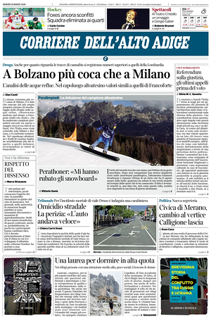 Prima pagina Corriere dell'Alto Adige di oggi - Quotidiano regionale
