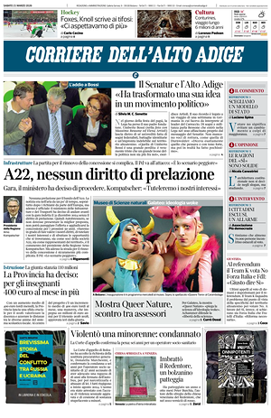 Prima pagina Corriere dell'Alto Adige di oggi - Quotidiano regionale
