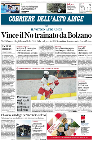 Prima pagina Corriere dell'Alto Adige di oggi - Quotidiano regionale