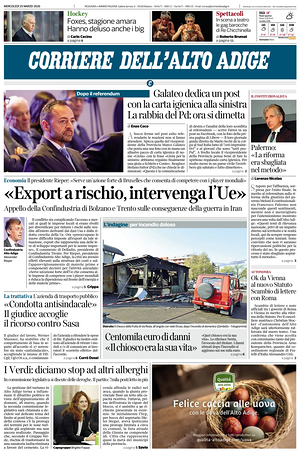 Prima pagina Corriere dell'Alto Adige di oggi - Quotidiano regionale