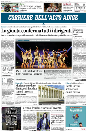 Prima pagina Corriere dell'Alto Adige di oggi - Quotidiano regionale