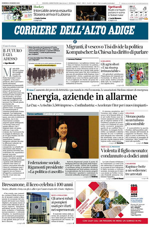 Prima pagina Corriere dell'Alto Adige di oggi - Quotidiano regionale