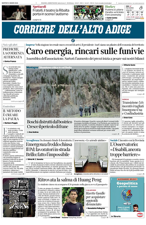 Prima pagina Corriere dell'Alto Adige di oggi - Quotidiano regionale