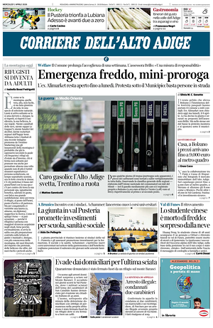 Prima pagina Corriere dell'Alto Adige di oggi - Quotidiano regionale