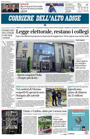 Prima pagina Corriere dell'Alto Adige di oggi - Quotidiano regionale