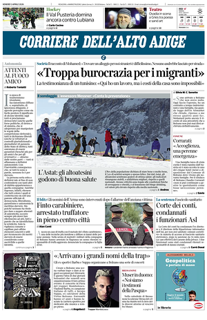 Prima pagina Corriere dell'Alto Adige di oggi - Quotidiano regionale