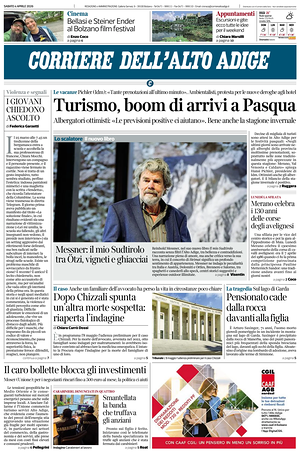 Prima pagina Corriere dell'Alto Adige di oggi - Quotidiano regionale