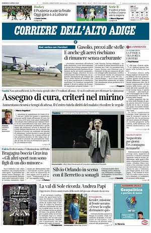 Prima pagina Corriere dell'Alto Adige di oggi - Quotidiano regionale