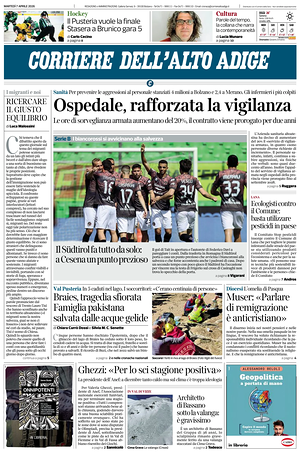 Prima pagina Corriere dell'Alto Adige di oggi - Quotidiano regionale