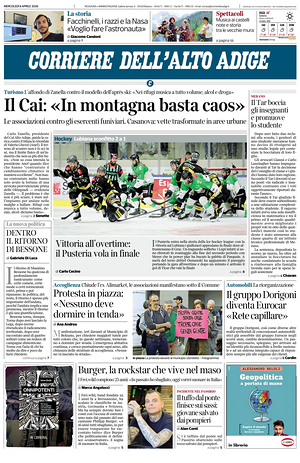 Prima pagina Corriere dell'Alto Adige di oggi - Quotidiano regionale