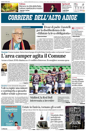 Prima pagina Corriere dell'Alto Adige di oggi - Quotidiano regionale