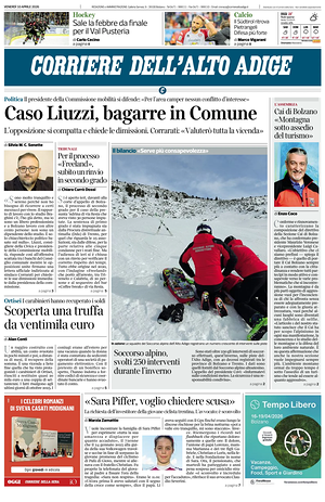 Prima pagina Corriere dell'Alto Adige di oggi - Quotidiano regionale