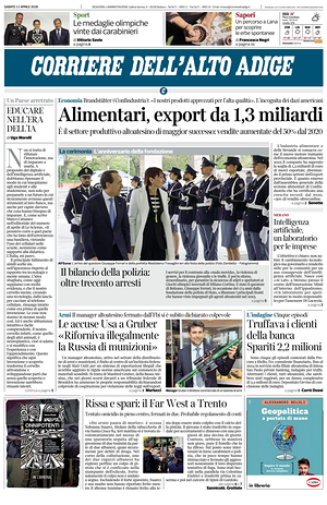 Prima pagina Corriere dell'Alto Adige di oggi - Quotidiano regionale