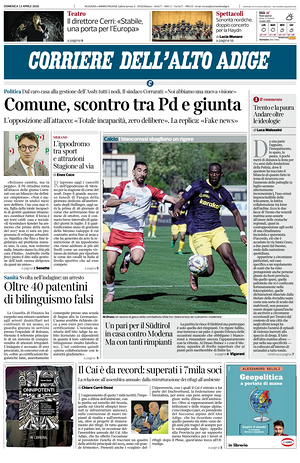 Prima pagina Corriere dell'Alto Adige di oggi - Quotidiano regionale