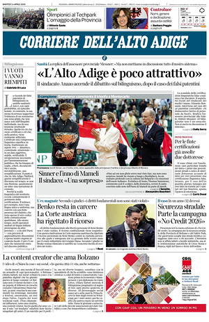 Prima pagina Corriere dell'Alto Adige di oggi - Quotidiano regionale