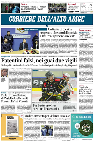 Prima pagina Corriere dell'Alto Adige di oggi - Quotidiano regionale