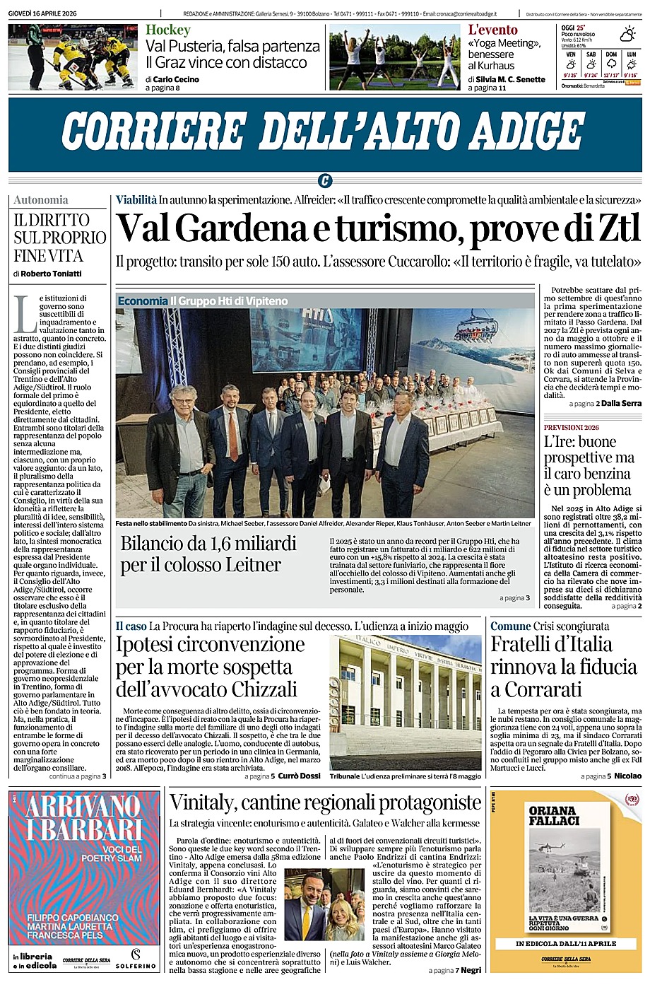 Prima pagina Corriere dell'Alto Adige di oggi - Edicola 16 Aprile 2026