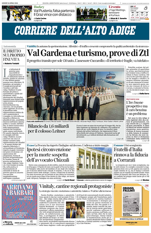 Prima pagina Corriere dell'Alto Adige di oggi - Quotidiano regionale