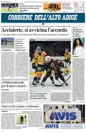 Prima pagina Corriere dell'Alto Adige di oggi - Quotidiano regionale