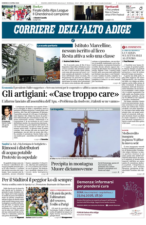 Prima pagina Corriere dell'Alto Adige di oggi - Quotidiano regionale