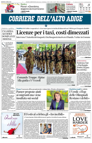 Prima pagina Corriere dell'Alto Adige di oggi - Quotidiano regionale