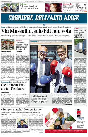 Prima pagina Corriere dell'Alto Adige di oggi - Quotidiano regionale