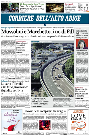 Prima pagina Corriere dell'Alto Adige di oggi - Quotidiano regionale