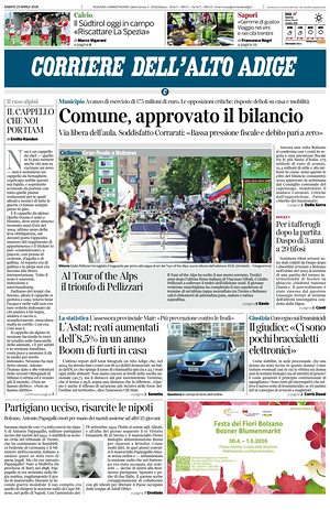 Prima pagina Corriere dell'Alto Adige di oggi - Quotidiano regionale