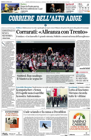 Prima pagina Corriere dell'Alto Adige di oggi - Quotidiano regionale